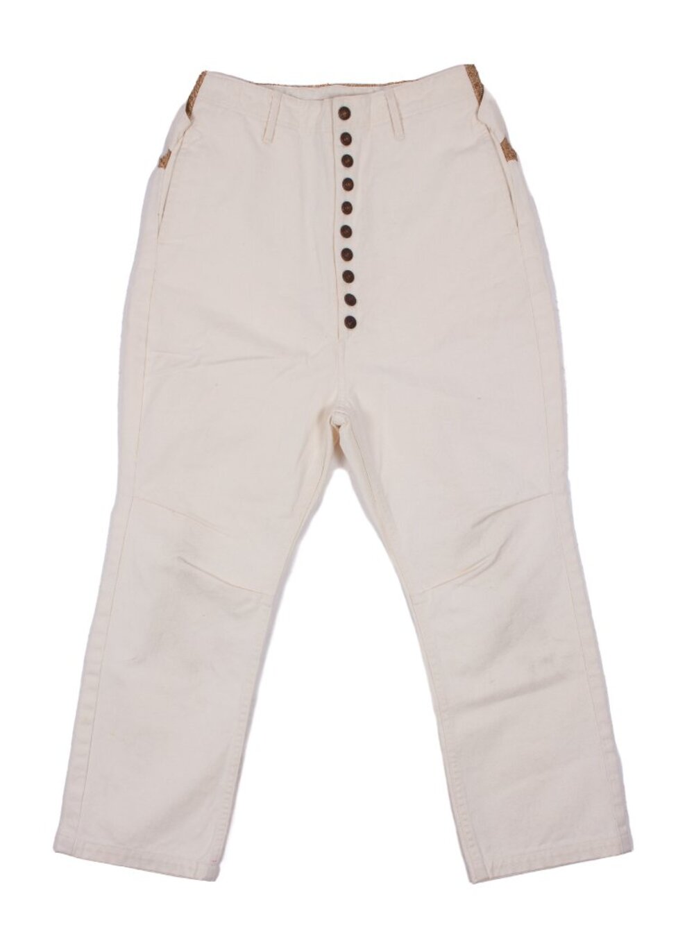KAPITAL WHITE BROWN CROPPED PANTS BELTED HIGH WAISTED CLOWN